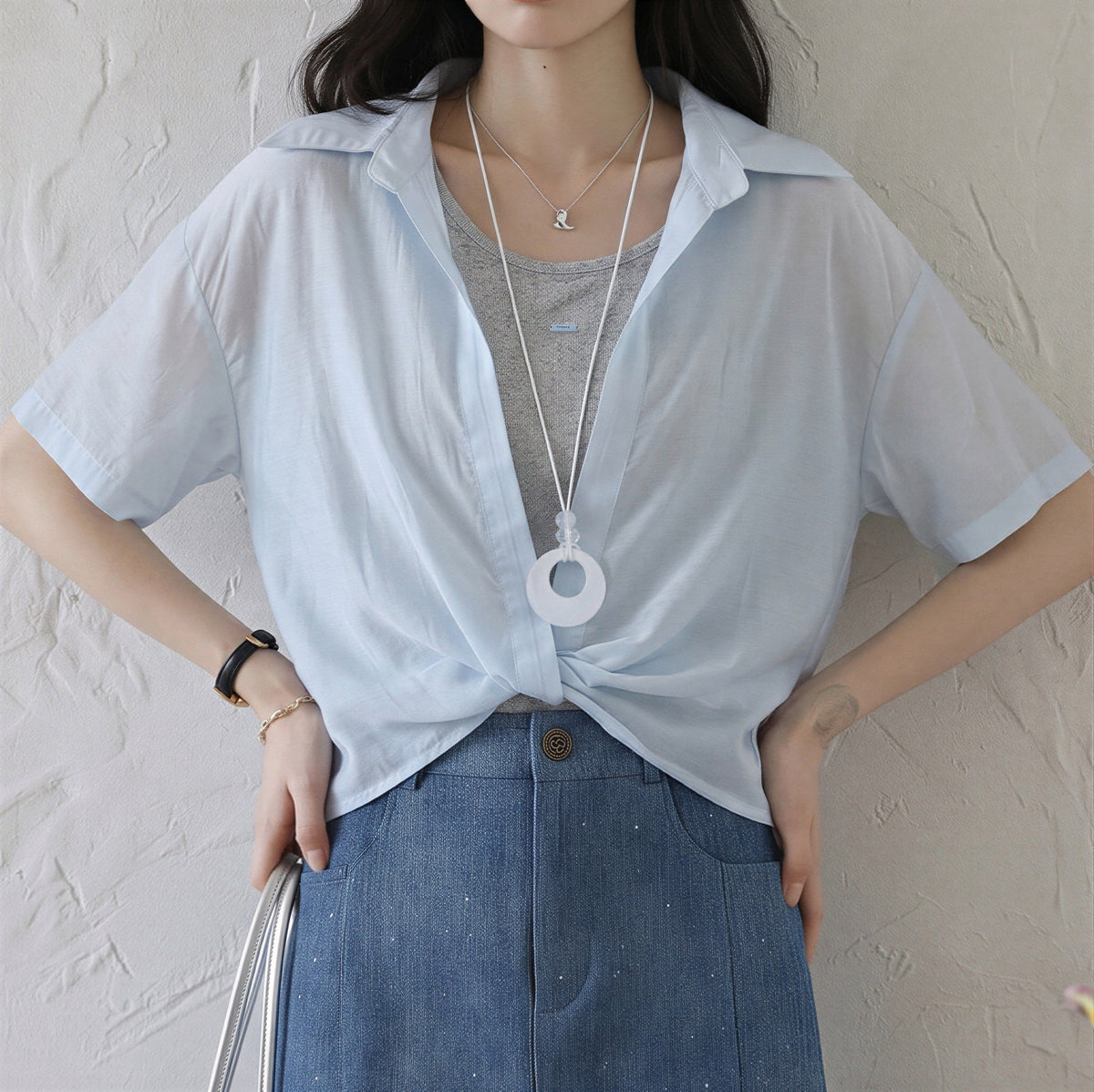 半袖シャツ 薄手 ゆったり 襟付き フロントリボンデザイン ポリエステル