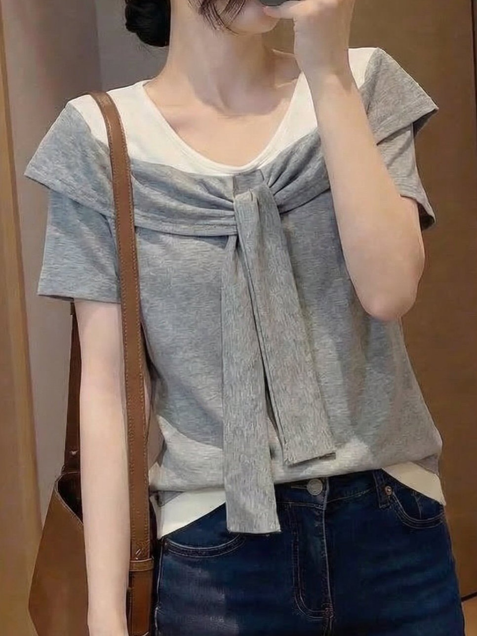 ドッキングVネック リボン付き フェイクレイヤード半袖Tシャツ