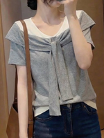 ドッキングVネック リボン付き フェイクレイヤード半袖Tシャツ