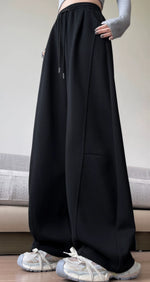 ハイウエスト ドローストリング 立体ワイドパンツ-ブラック-3XL