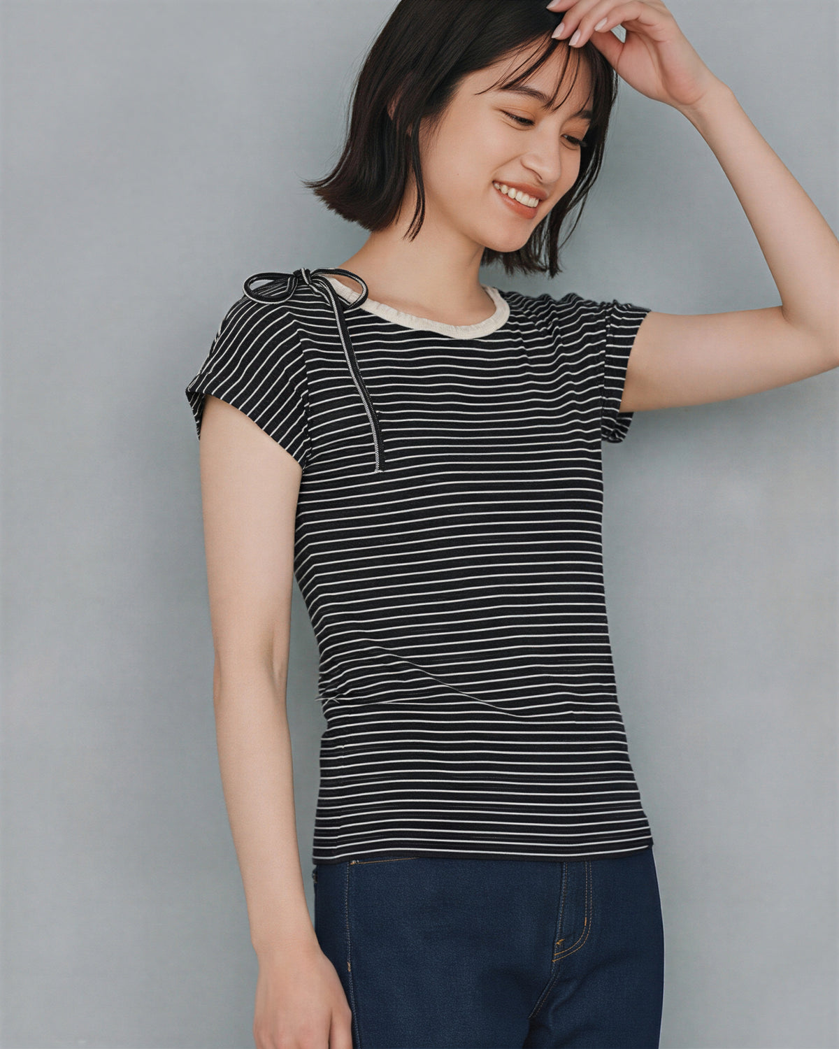ブラック 細ボーダー スクエアネック リボン付き 半袖Tシャツ-ブラック -XL
