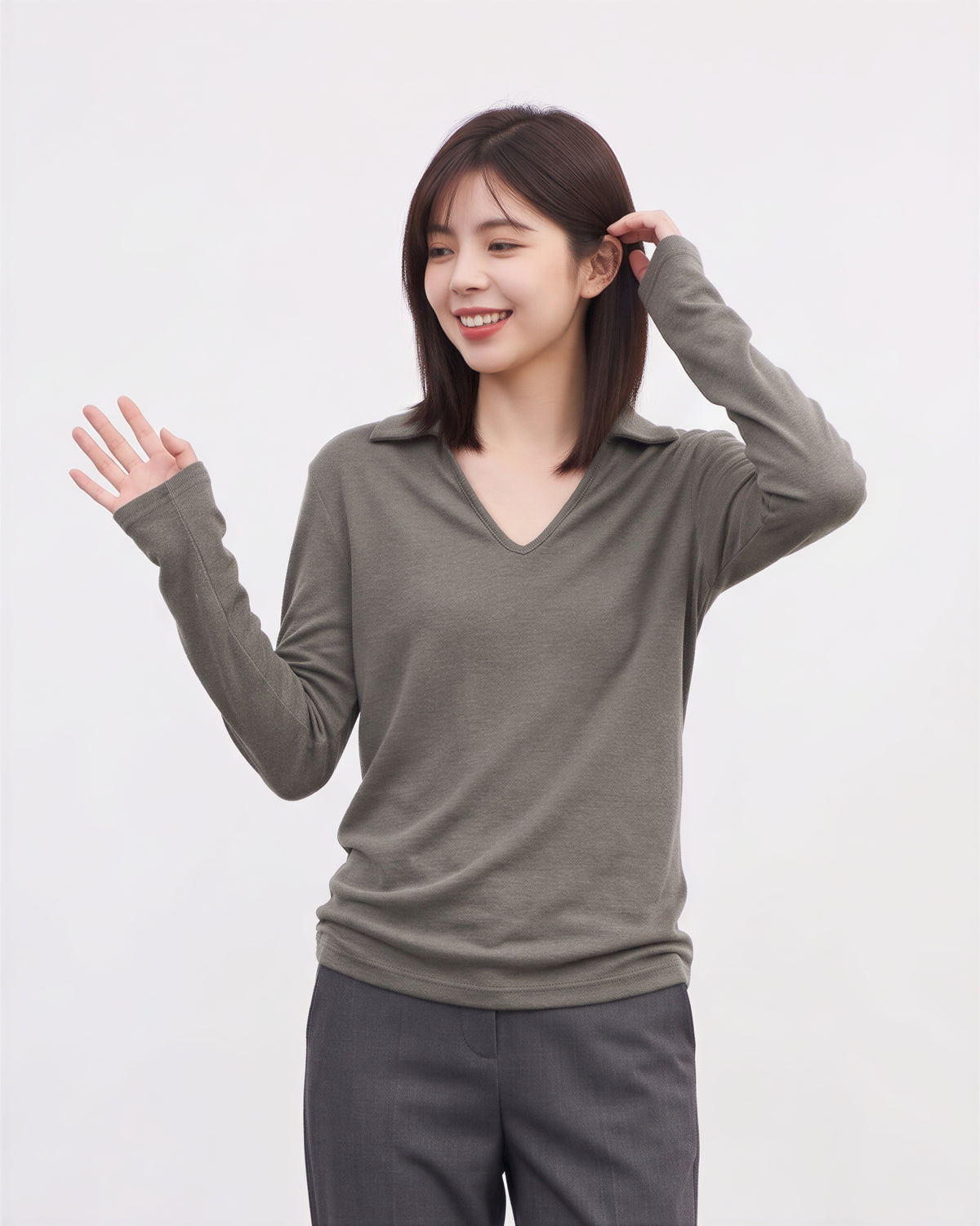 襟付きVネック スリムフィット長袖Tシャツ