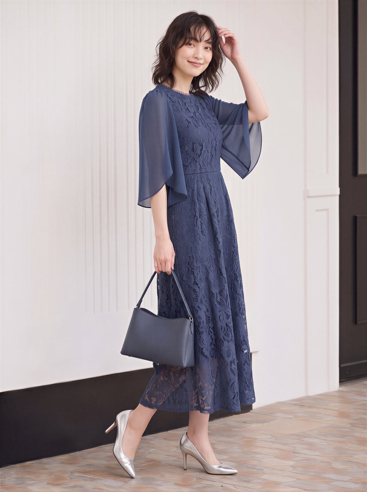 ケープスリーブ ウエストマーク レースワンピース-ブルー-2XL