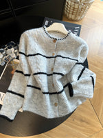 S~XL ラウンドネック ボーダーニットカーディガン