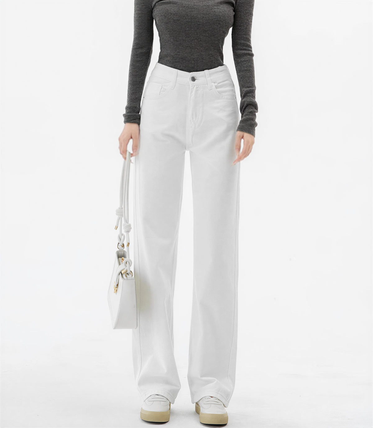 ハイウエスト ルーズフィット 裾だまりワイドデニムパンツ-ホワイト-2XL