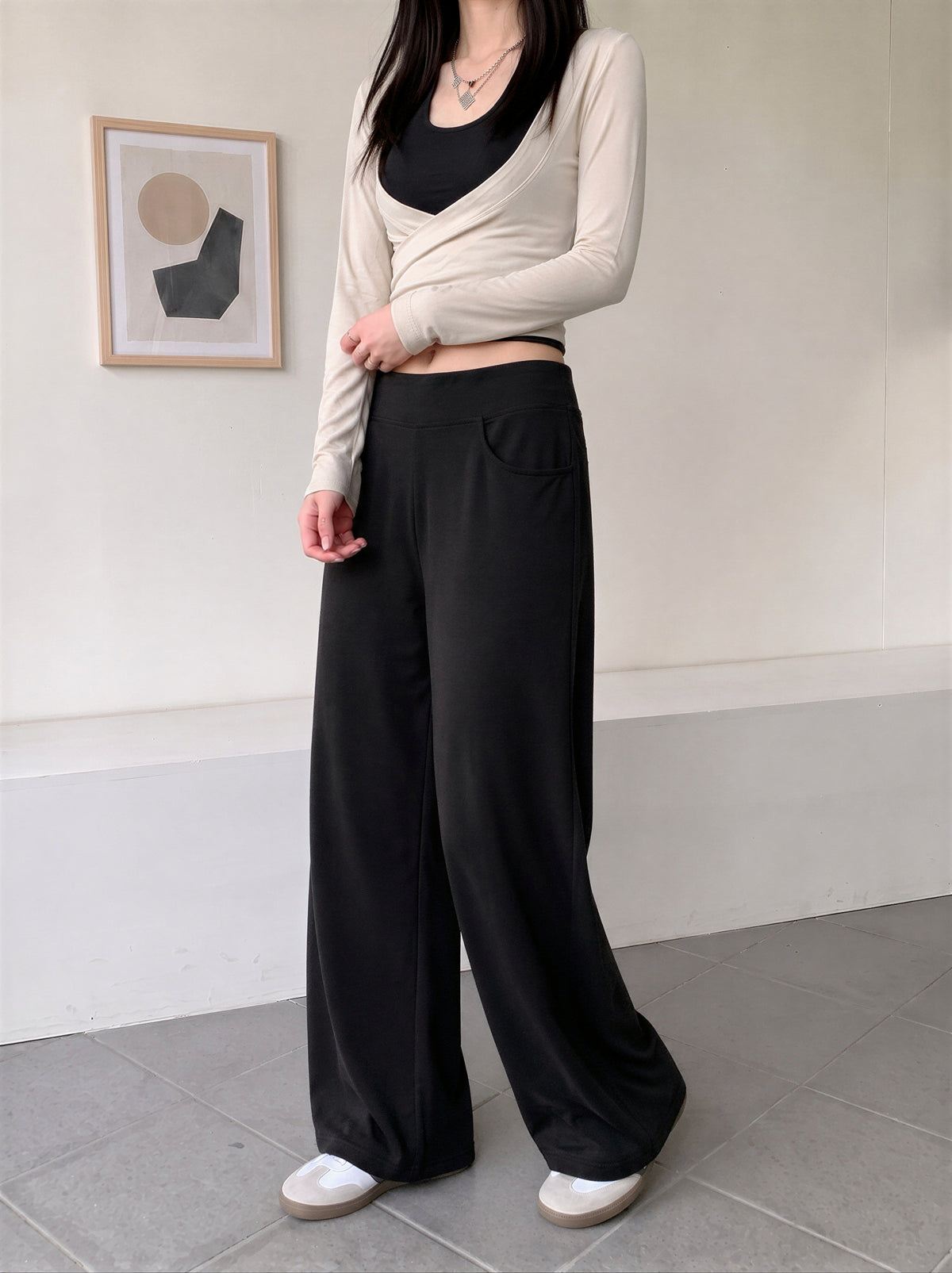 【全3色】S-XL ハイウエスト 落ち感ストレートワイドパンツ