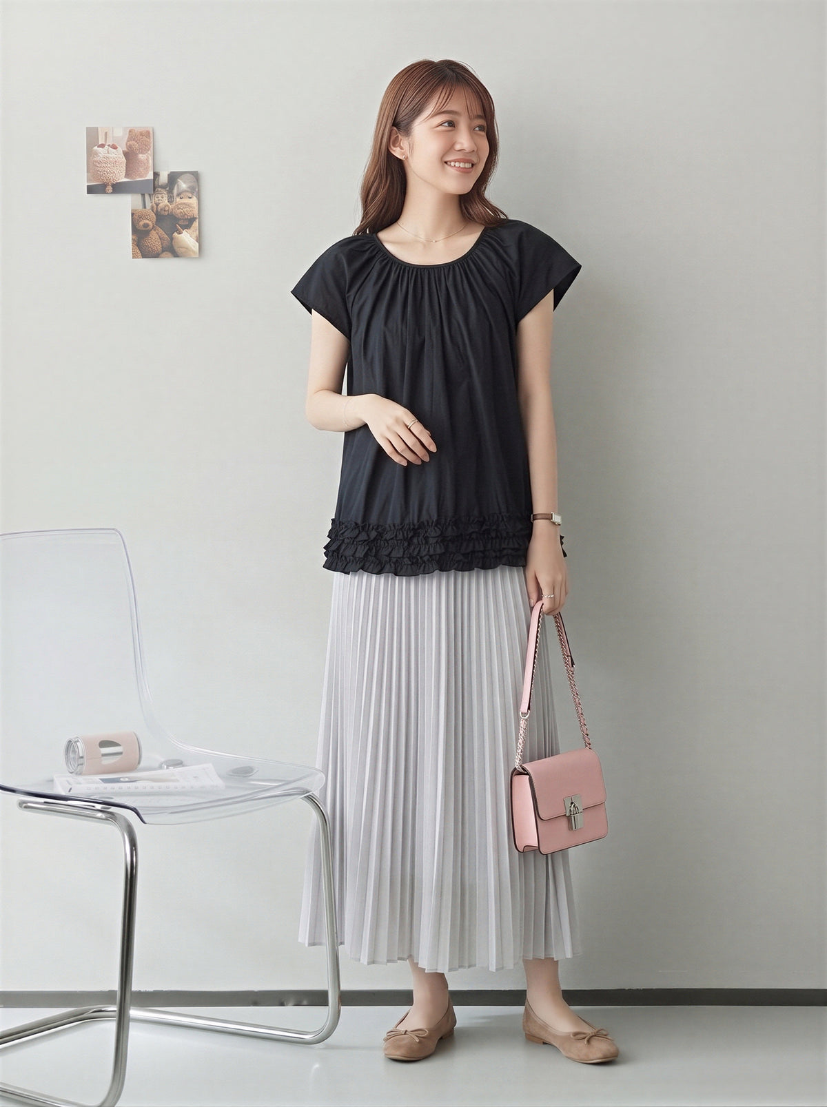 S～4XL ギャザー入りラウンドネック ペプラムヘムデザイン T シャツ