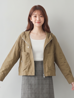 フード付きショート丈ルーズジャケット-カーキ-2XL