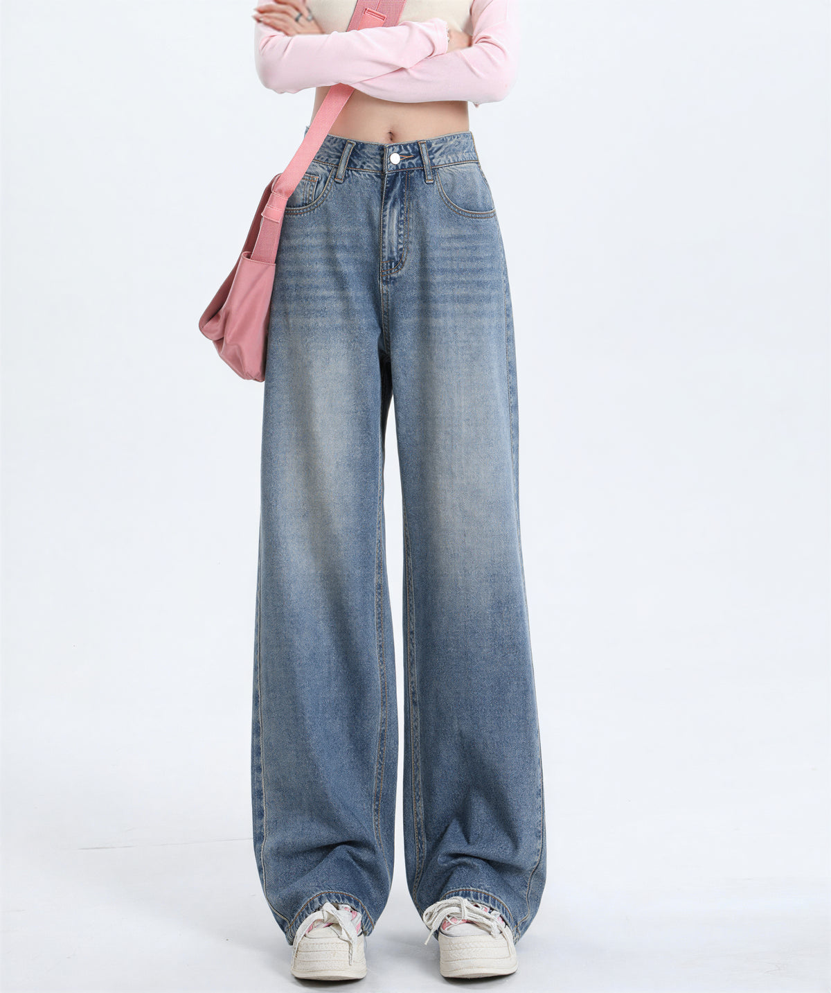 ハイウエスト 美脚見え ウォッシュ加工 ワイドデニムパンツ