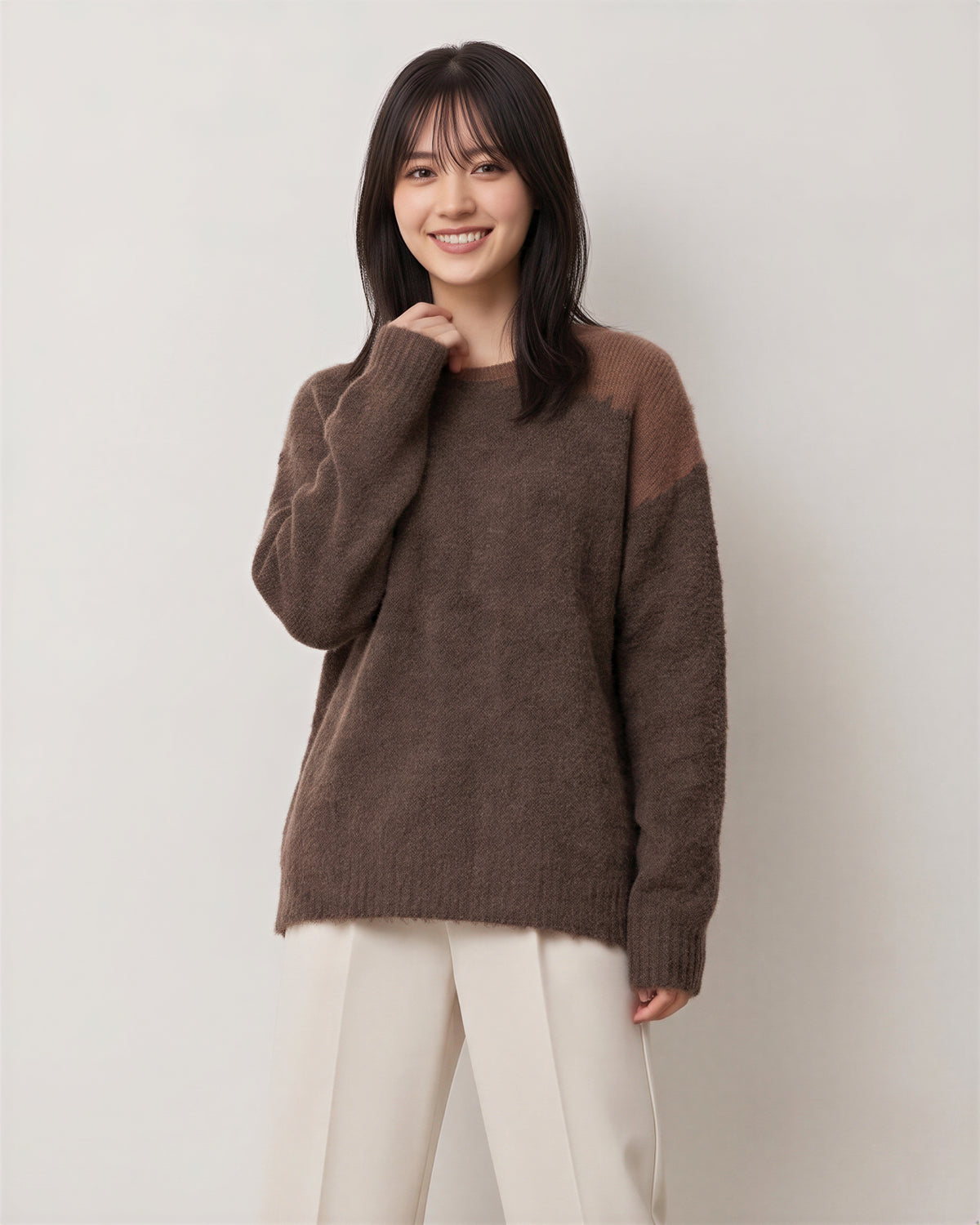 オフショルダー風 ルーズフィット シャギー感ニット-モカ-FREE (90-140)