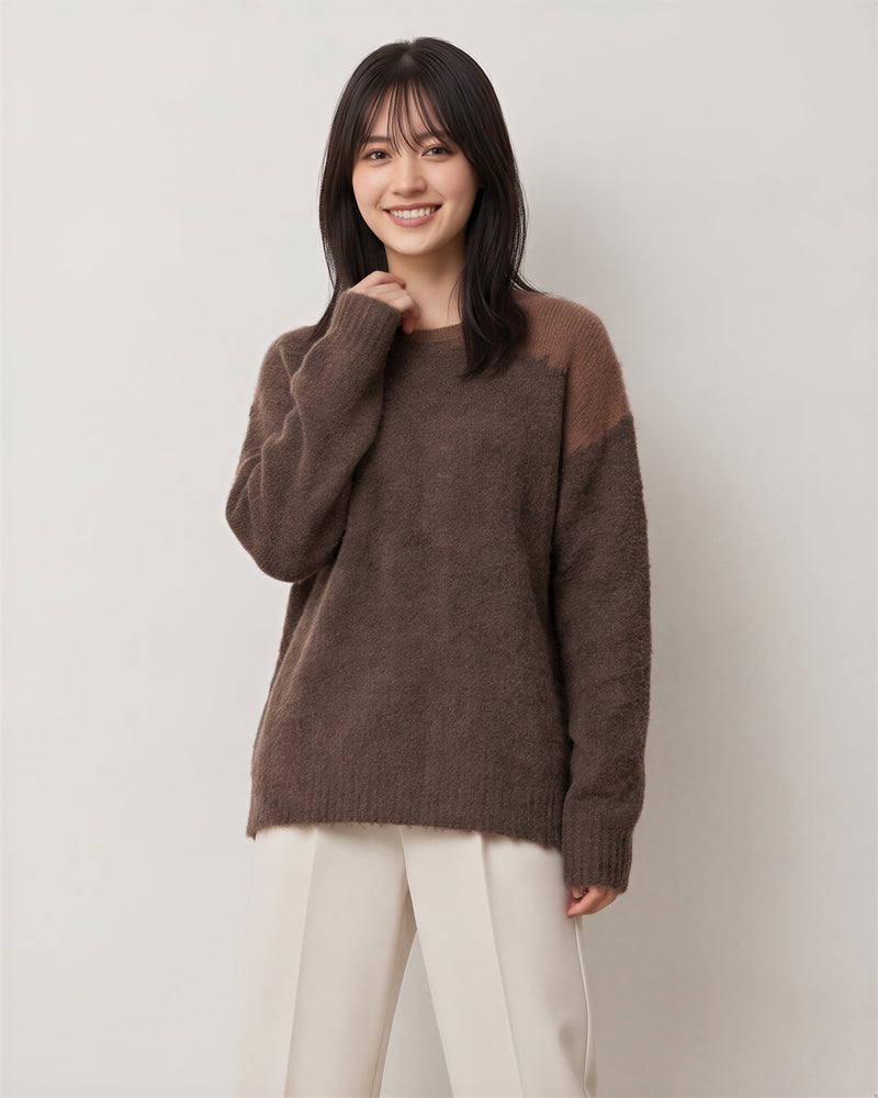 オフショルダー風 ルーズフィット シャギー感ニット-モカ-FREE (90-140)