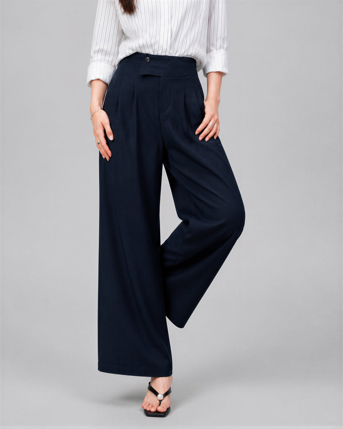 S~XL ハイウエスト ドレープ感 アシンメトリー ワイドパンツ