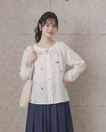 フリル襟リボン刺繍ブラウス-ホワイト-XL