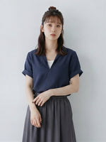Vネック×折り返し袖 フェイクレイヤードシャツ-ダークブルー-XL