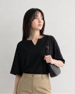 ゆったりドロップショルダーポケットTシャツ-ブラック-F
