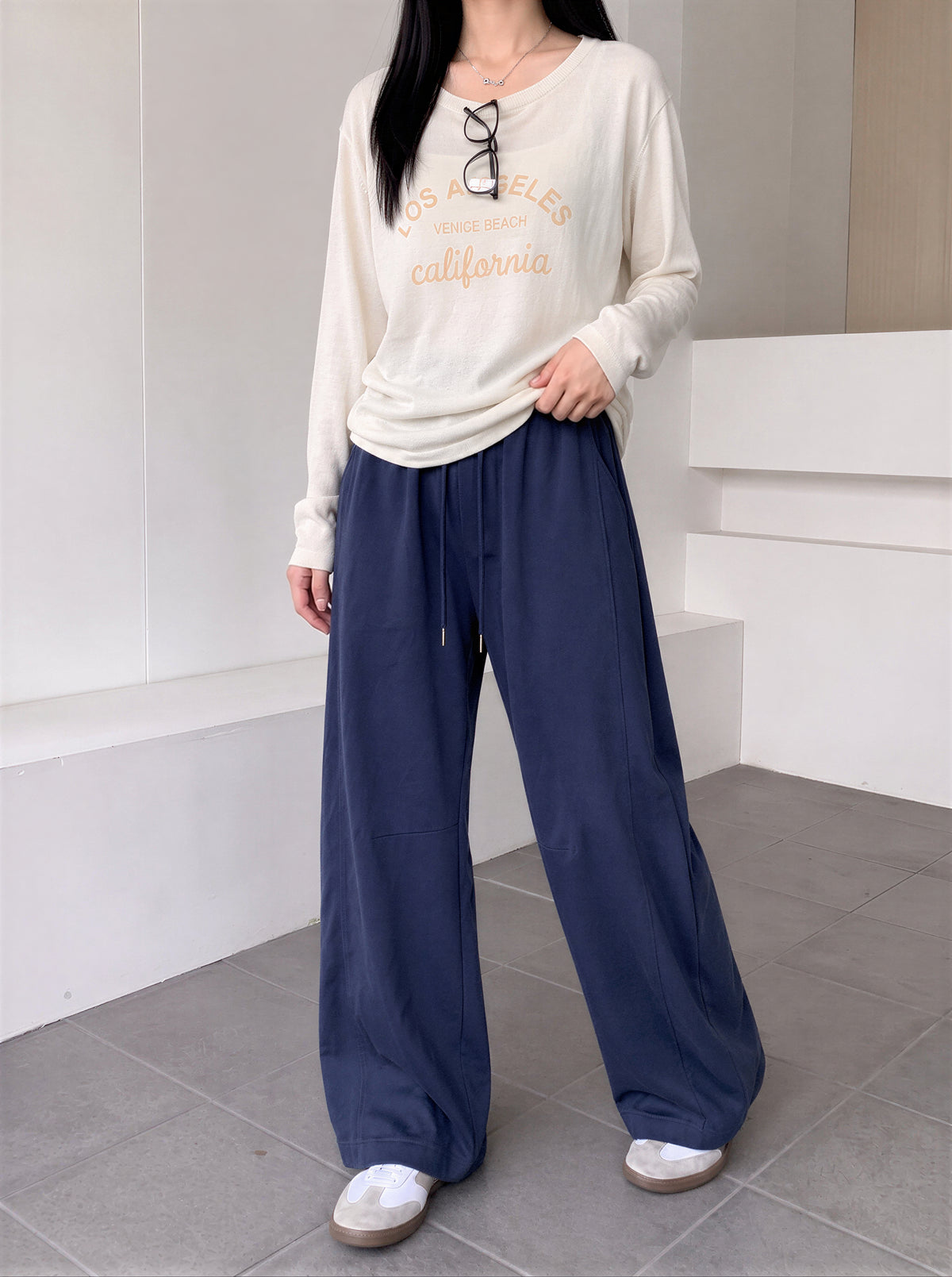 【全4色】M~XL ハイウエスト ドローストリング 裾だまりワイドパンツ