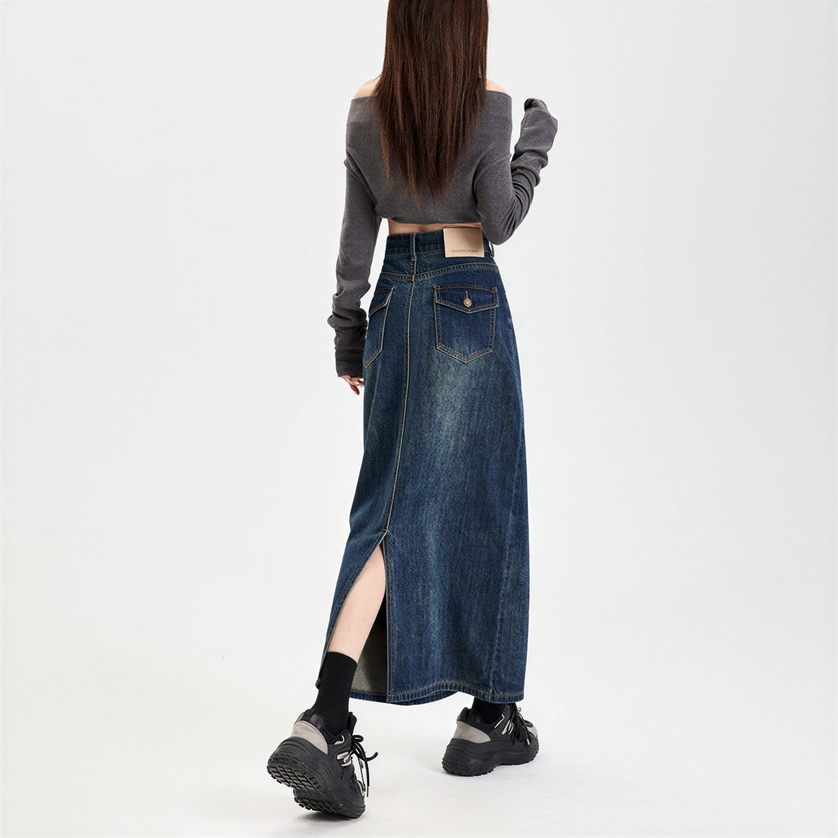 ハイウエスト スリット入り ストレート デニムスカート