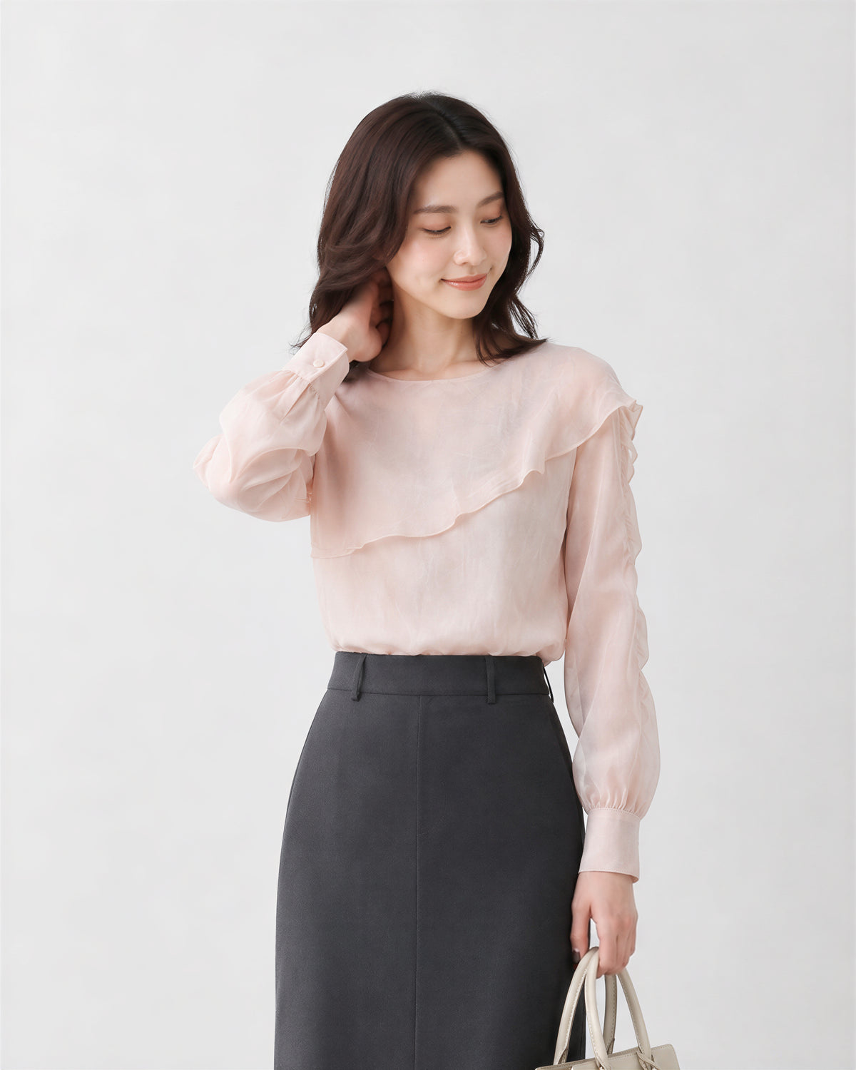 M~4XL ラッフルティアード ギャザースリーブブラウス
