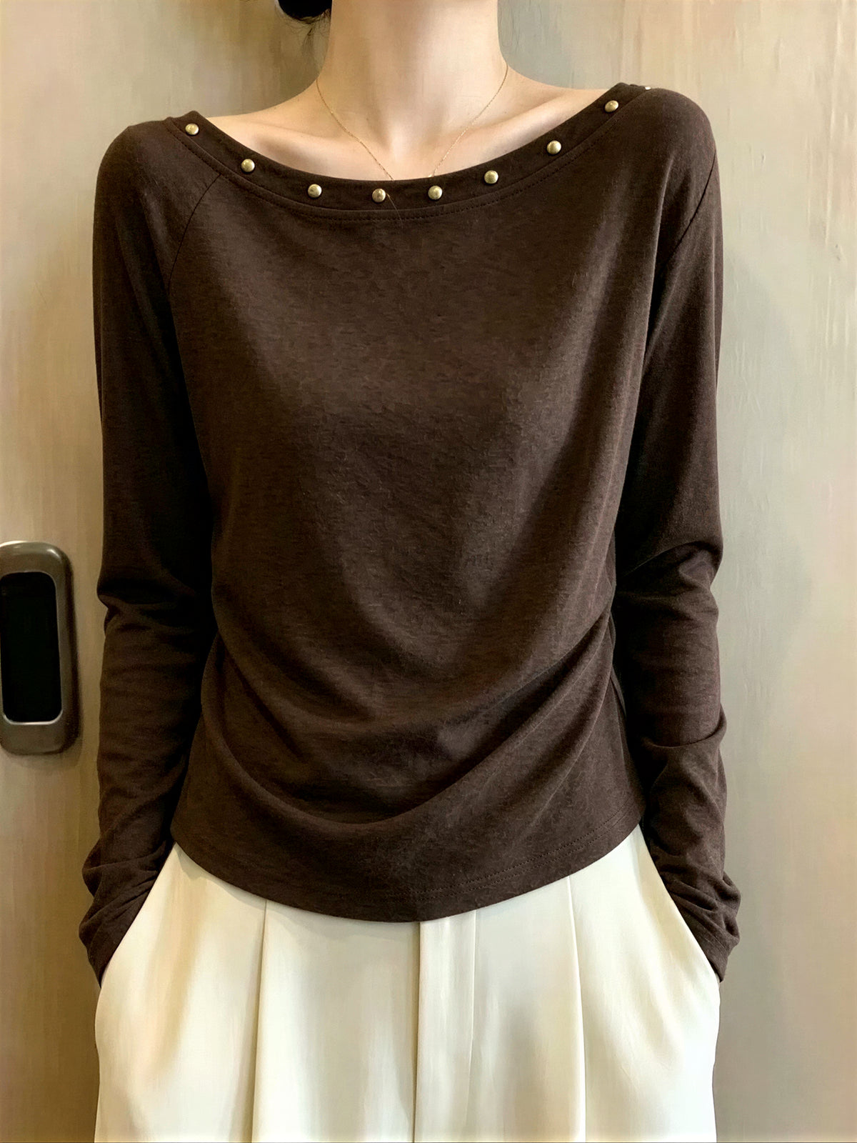 M~4XL ビーズ付きボートネック スリムTシャツ