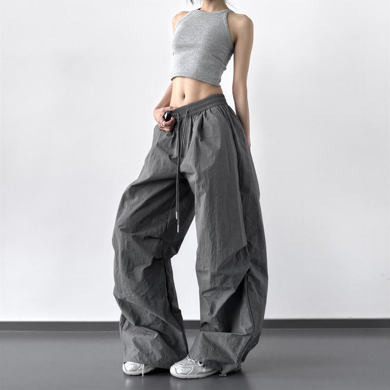 ドローストリングウエスト 立体シルエット ワイドレッグカーゴパンツ-スモークグレー-XL