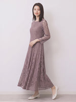 【秋新作】【全2色】S~2XL ラウンドネック 長袖 Aライン レースワンピース