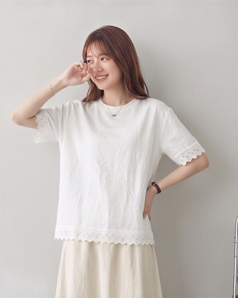 M-2XL カットワークレース ラウンドネック 半袖Tシャツ