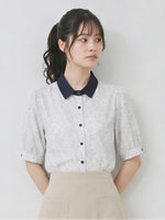 配色カラー 襟付き 小花柄 半袖シャツ-ホワイト-2XL