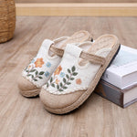 【全3色】刺繍ストロー風つま先ありフラット レディースミュール