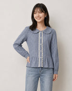S-XL ライトブルーチェックのドールカラーウエストシェイプシャツ