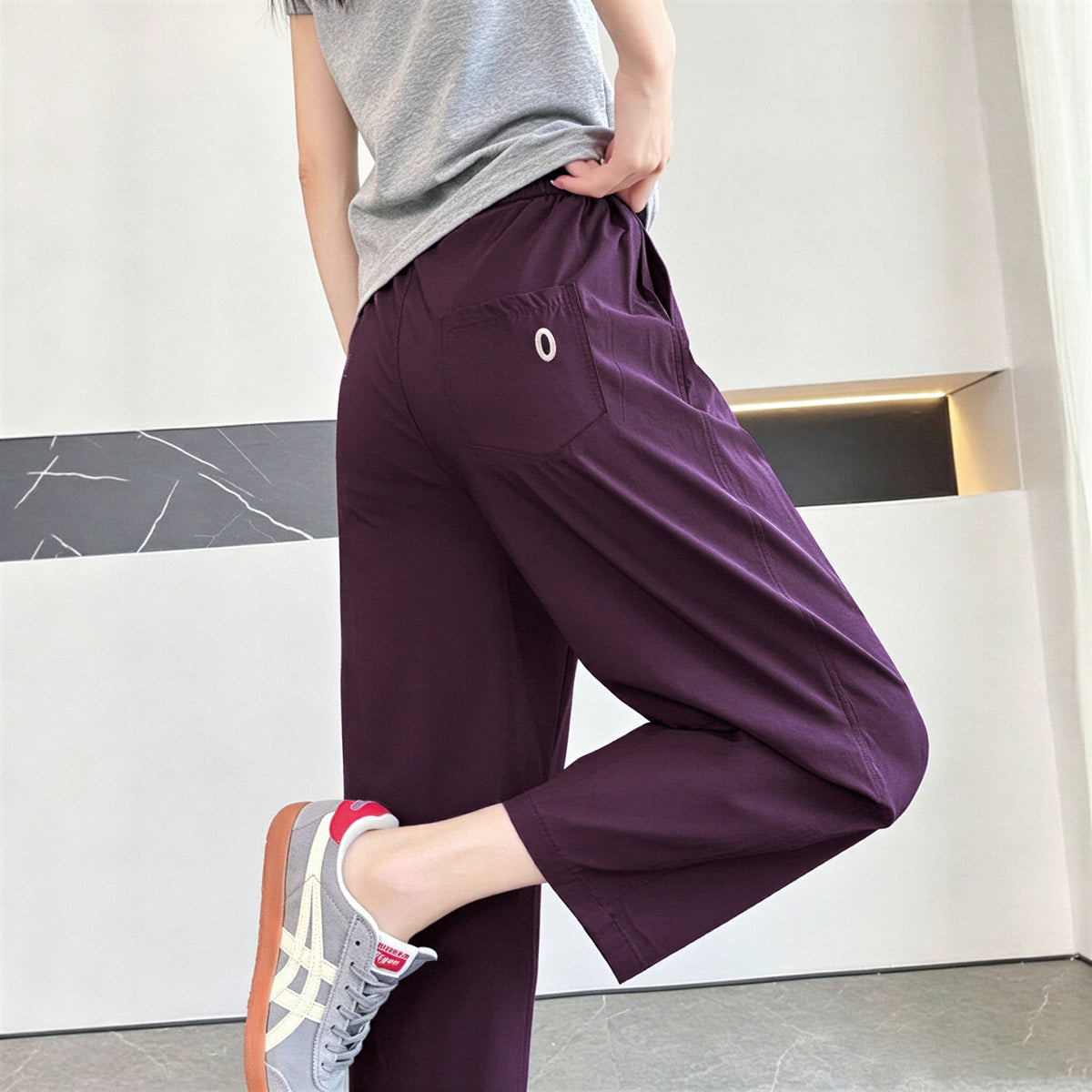 ウエストゴム ハイウエスト ストレート アンクルパンツ-パープル-2XL