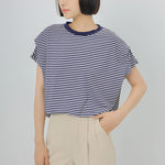 ボーダー柄 ゆったり バットスリーブ クルーネックTシャツ-ブルー ボーダー柄-L