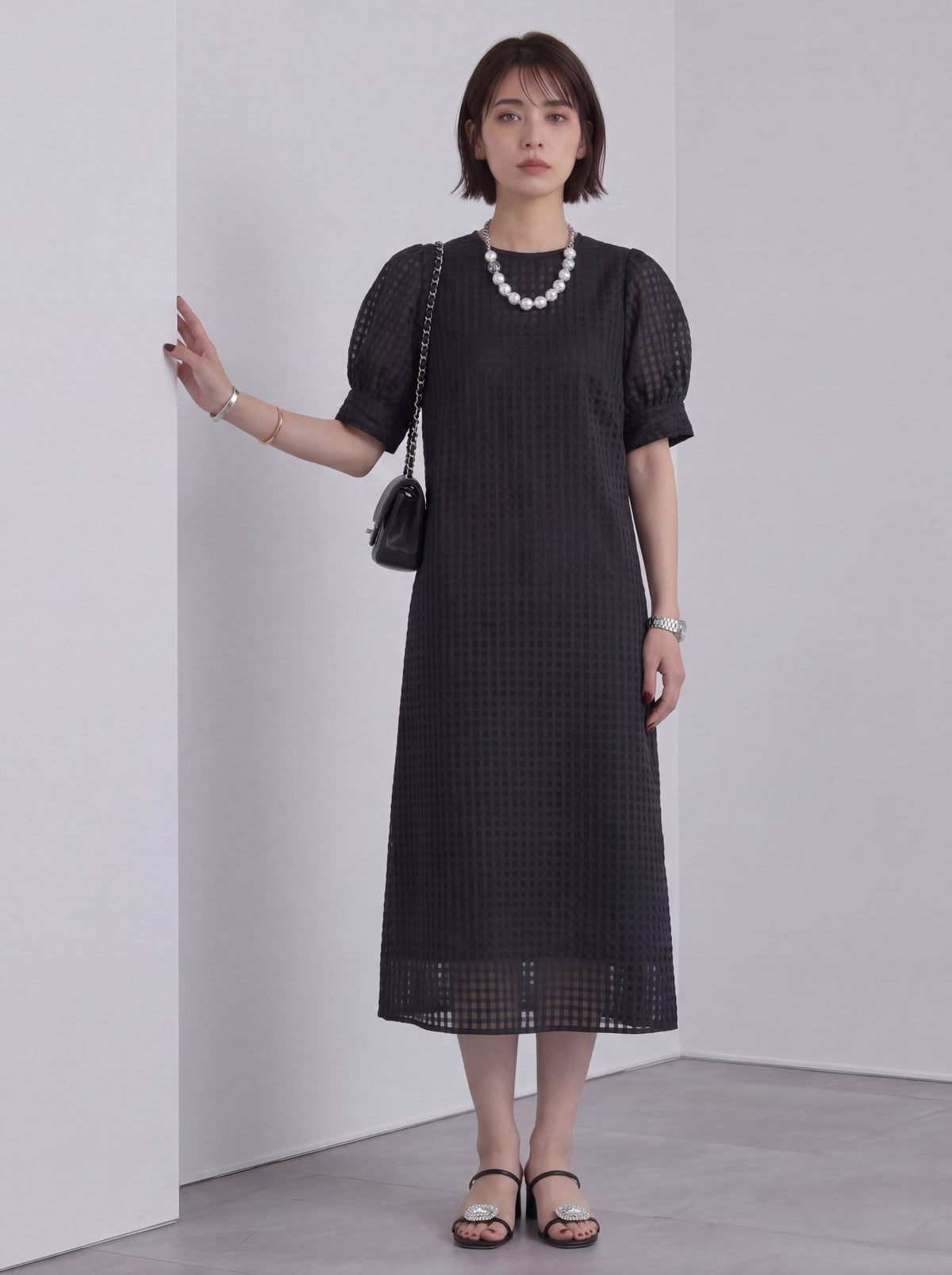 立体チェックテクスチャー パフスリーブ Iライン ロングワンピース