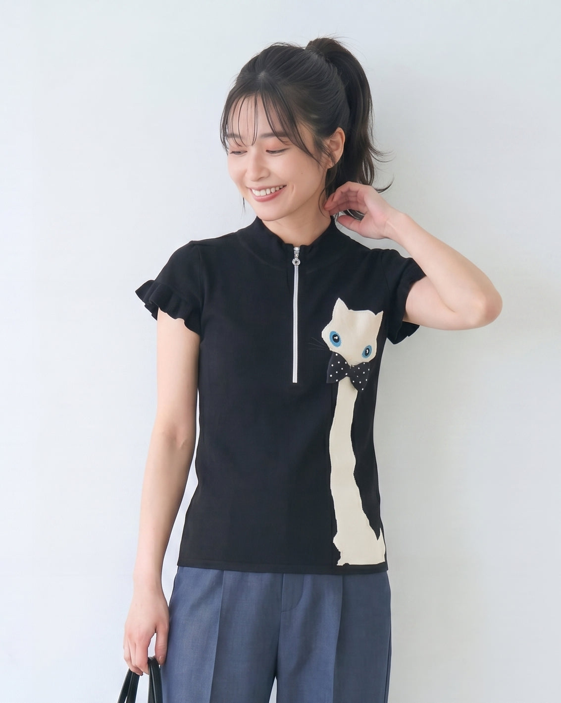 ハーフジップ スタンドカラー フリル袖 猫モチーフ 半袖Tシャツ