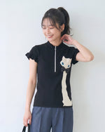 ハーフジップ スタンドカラー フリル袖 猫モチーフ 半袖Tシャツ