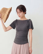 オフショル風ボートネック ウエストギャザー フリルフレアスリーブ 半袖Tシャツ