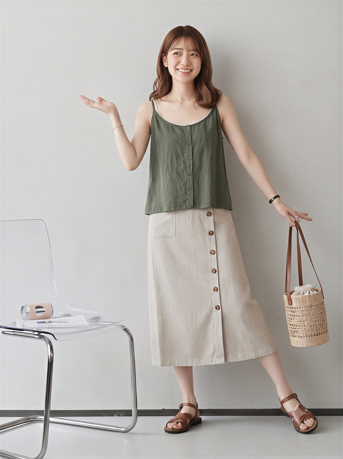 細ストラップ フロントボタン ゆったり キャミソールタンク