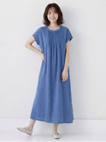 M~2XL プリーツ入りクルーネック ゆったりミディ丈ワンピース