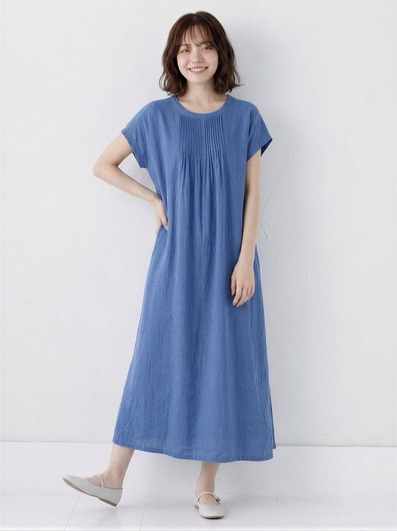 M~2XL プリーツ入りクルーネック ゆったりミディ丈ワンピース