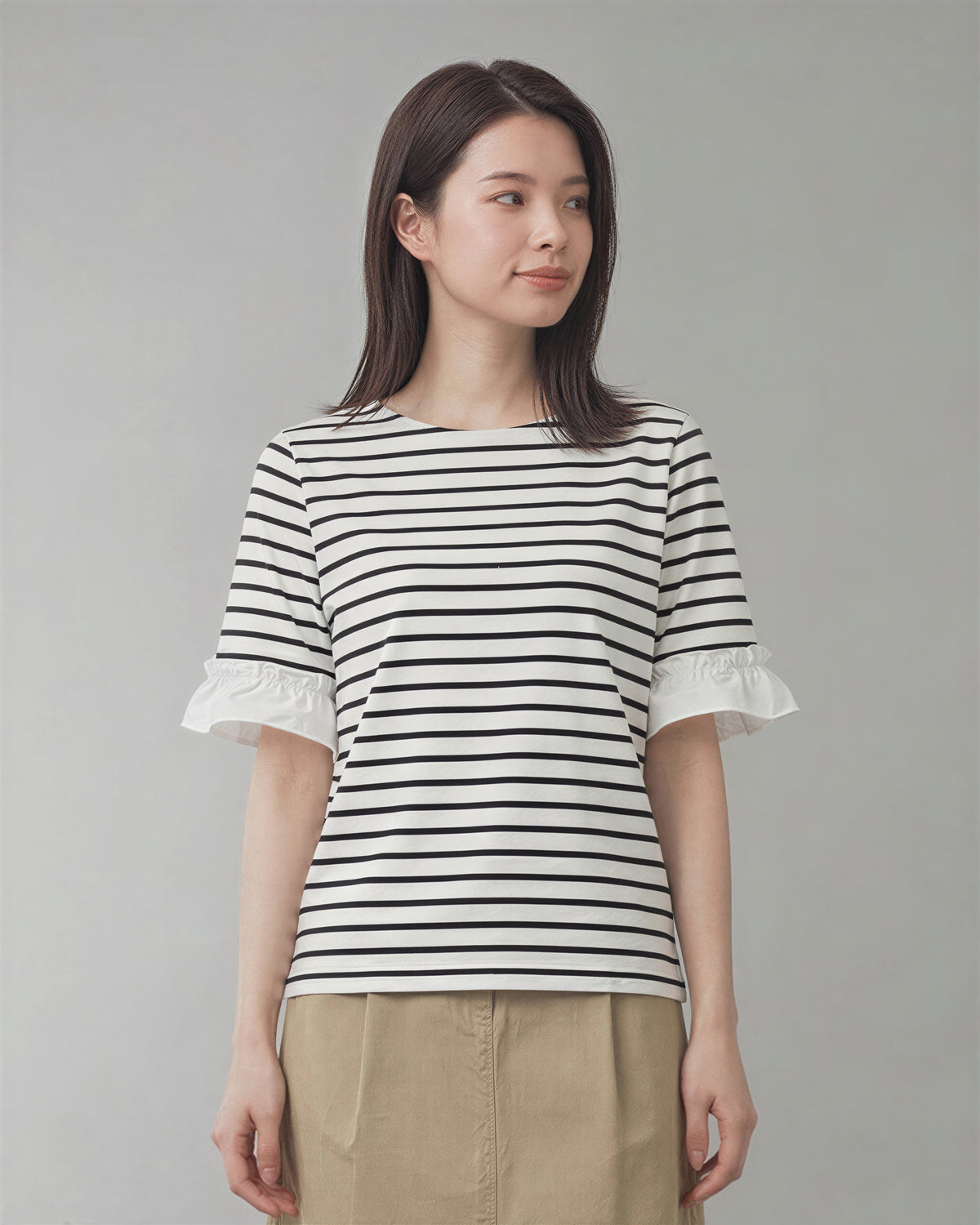 マリンボーダー フリル袖 ゆったり半袖Tシャツ