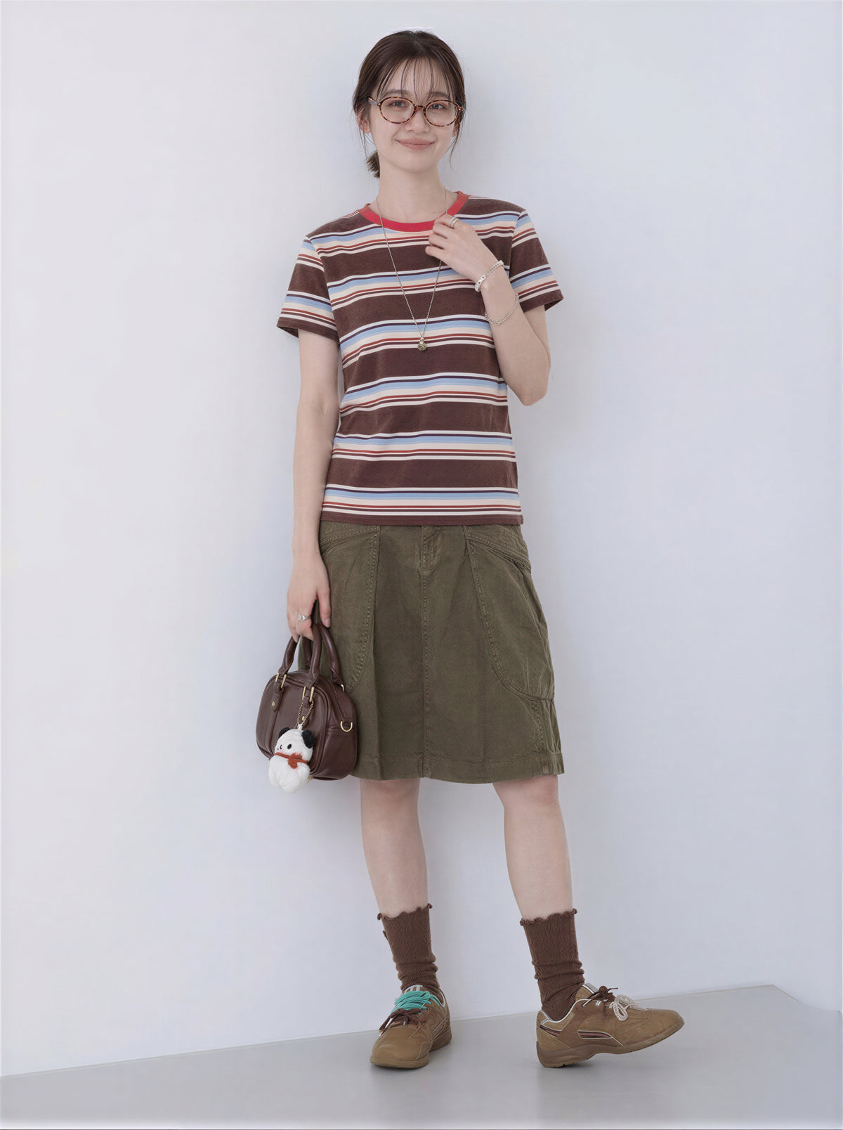 チェリーレッド襟 配色ボーダー 半袖Tシャツ