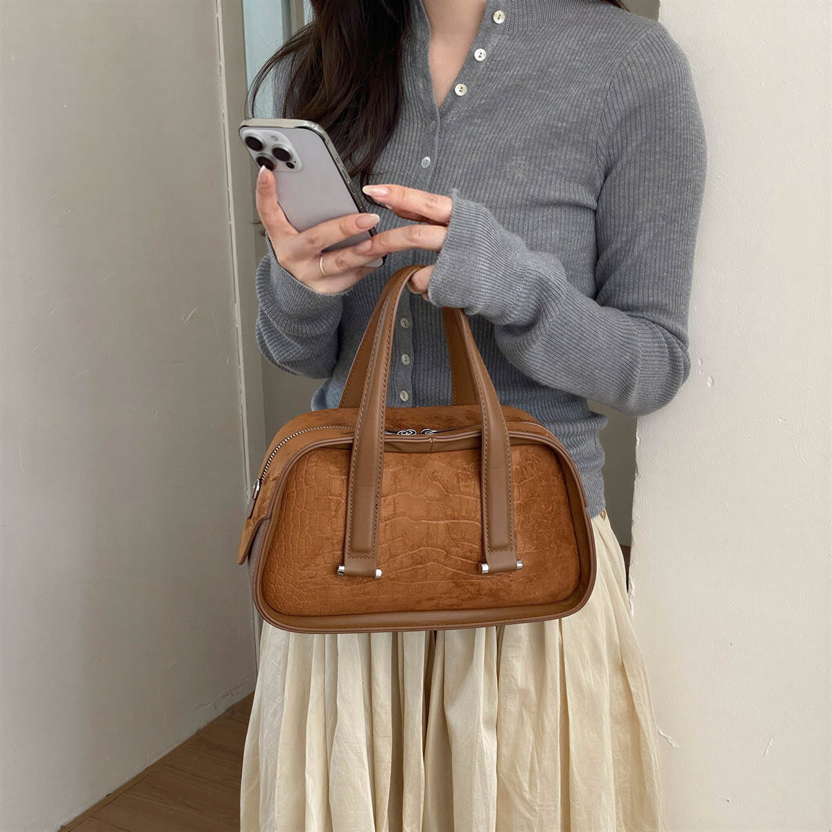クロコ型押しレトロ スクエア ハンド・ショルダー・斜めがけバッグ-ブラウン-FREE