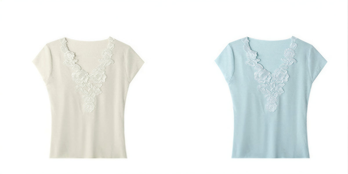 レースVネック スリムフィット 半袖Tシャツ