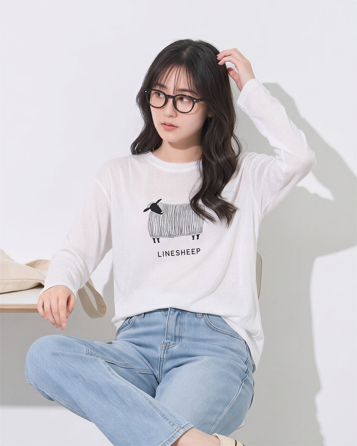【秋新作】ラウンドネック ラグラン風プリント長袖Tシャツ