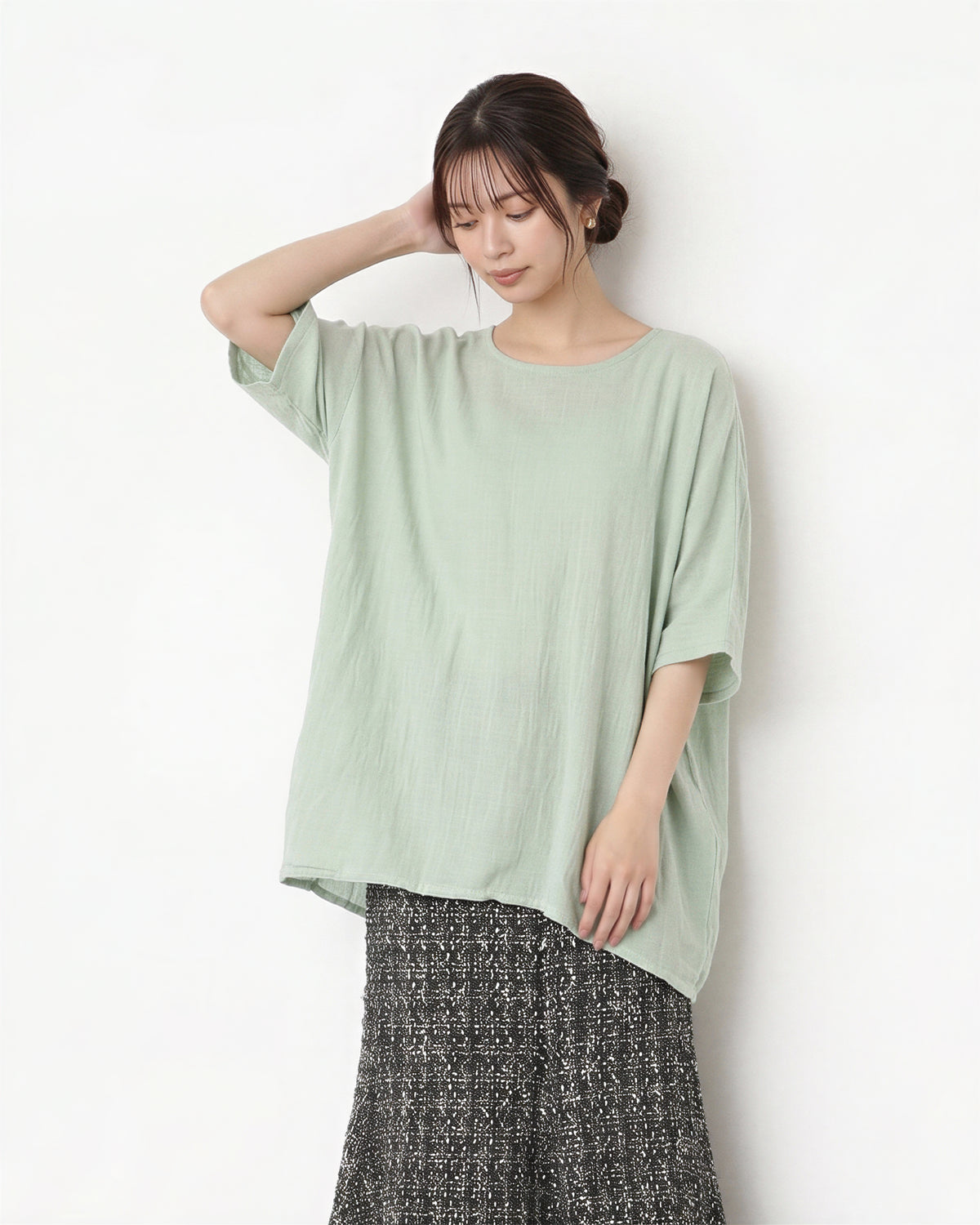 ラウンドネック ルーズ バットスリーブTシャツ-ライトグリーン-XL