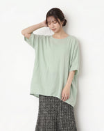 ラウンドネック ルーズ バットスリーブTシャツ-ライトグリーン-XL