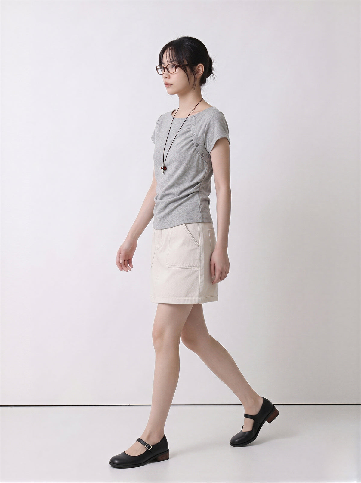 アシンメトリーネック ギャザー ボタン切替Tシャツ