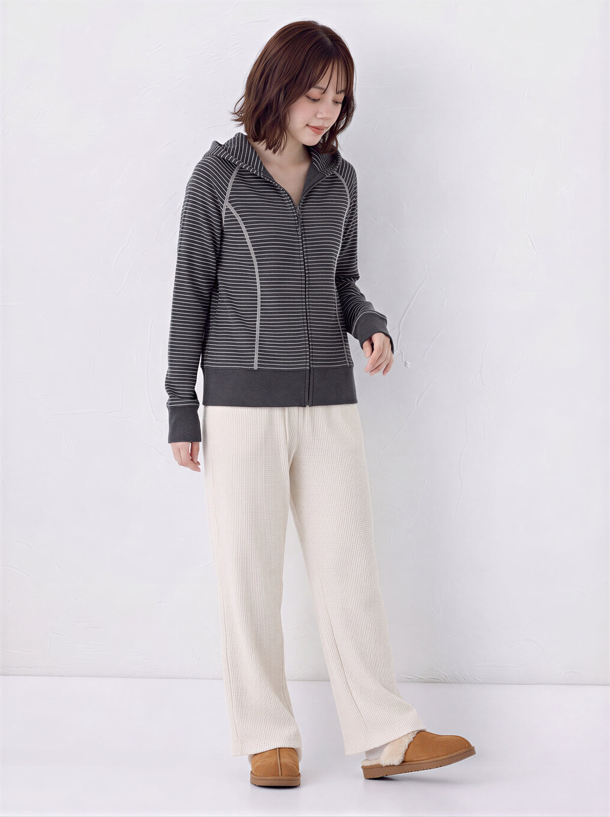 【秋新作】S~XL ボーダー柄フード付き切り替えスウェット
