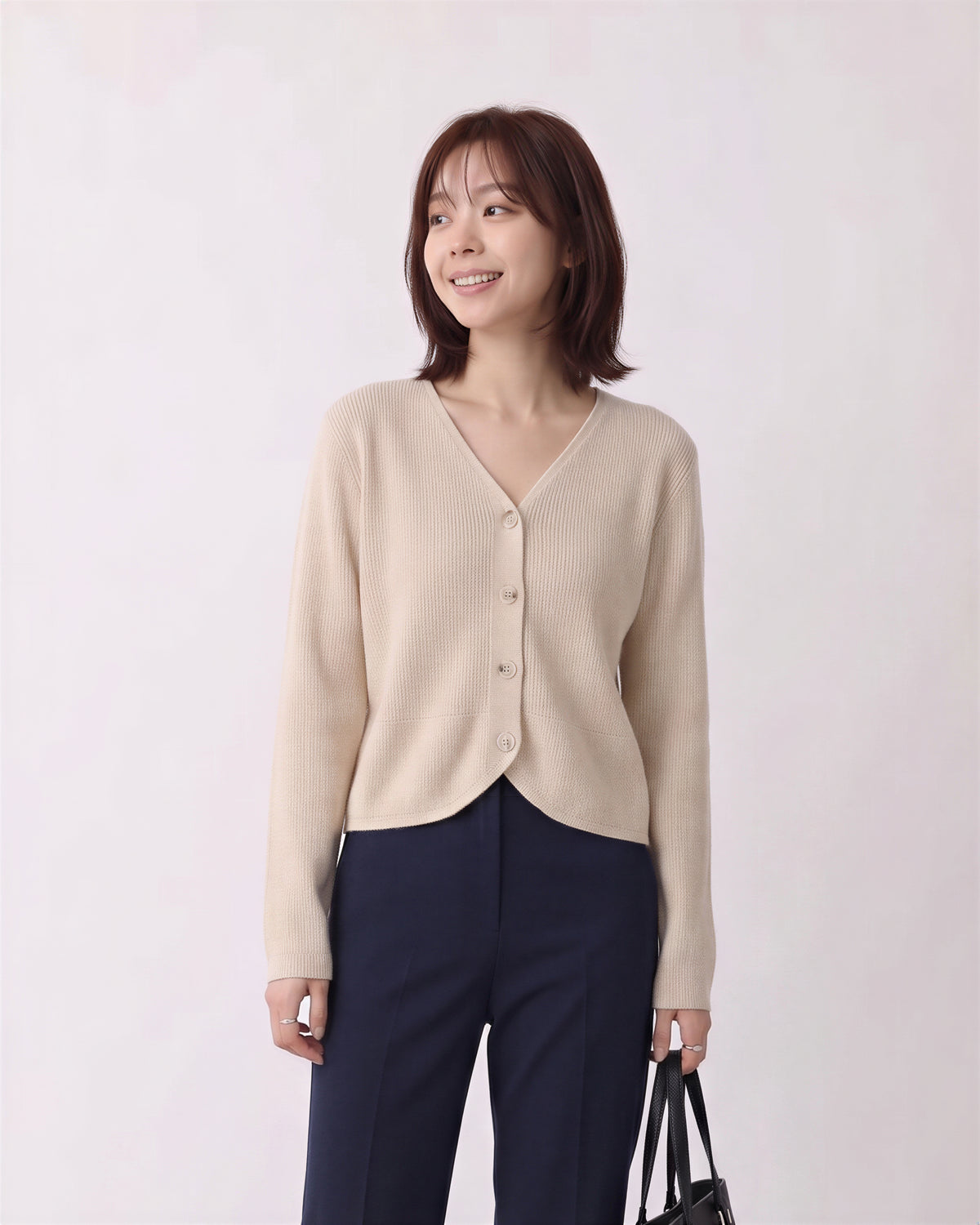 【全2色】S-2XL Vネック ラウンドヘム ゆったりニットカーディガン