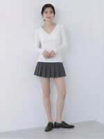 深Vネック ギャザー入り ハイウエスト見え すっきりフィット 長袖Tシャツ