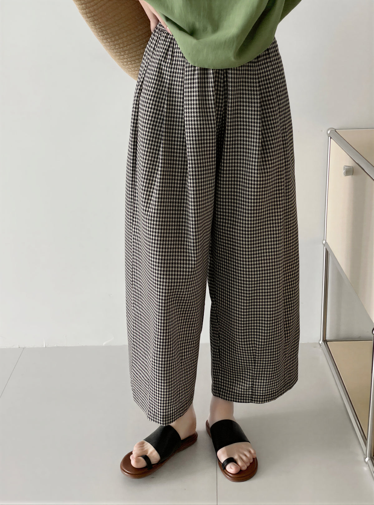 ハイウエスト チェック柄 ルーズワイドパンツ
